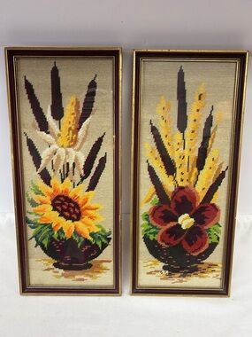Vintage 1980 set of 2 hand-done framed under glass floral needlepoints